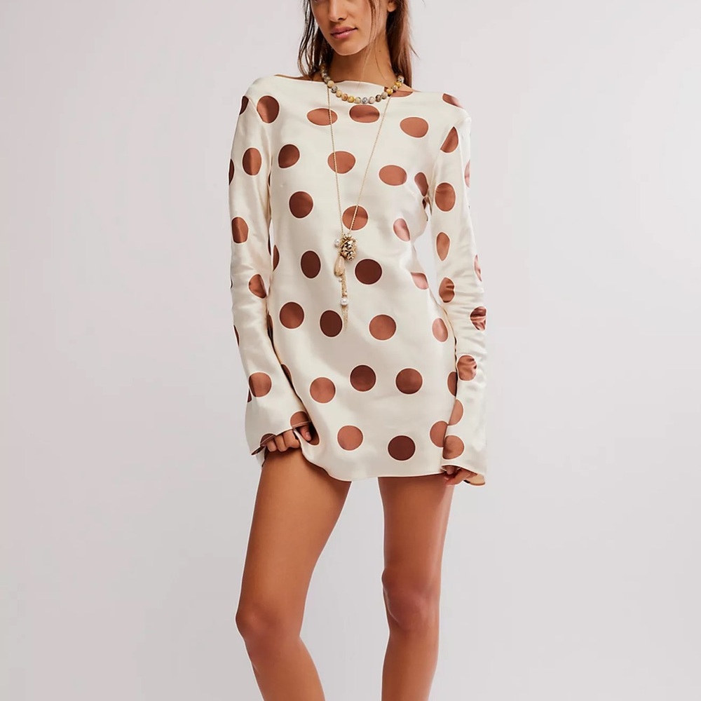 Free People tigre printed Cream and Brown Polka Dot mini satin dress sz M
